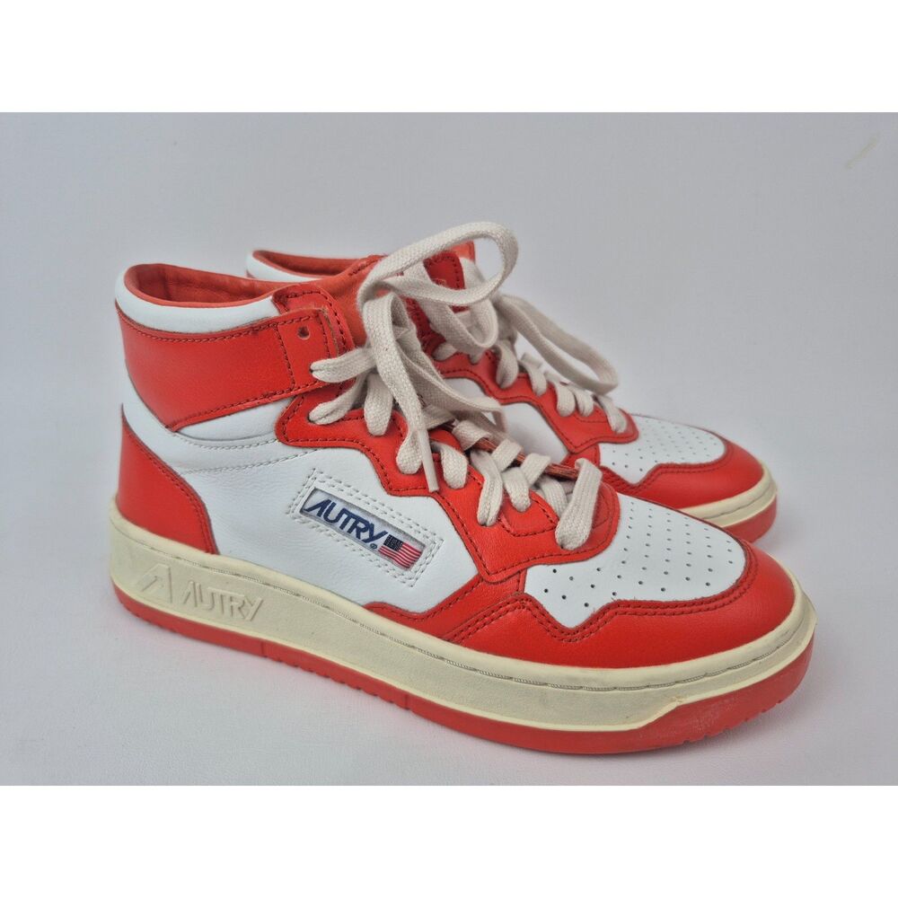 Autry Orange Leather Medalist Mid High Top Sneakers Size 38